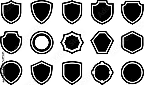 Shield silhouette icons set. Security protection badge and heraldic crest symbols. Medieval defense coat of arms vector design