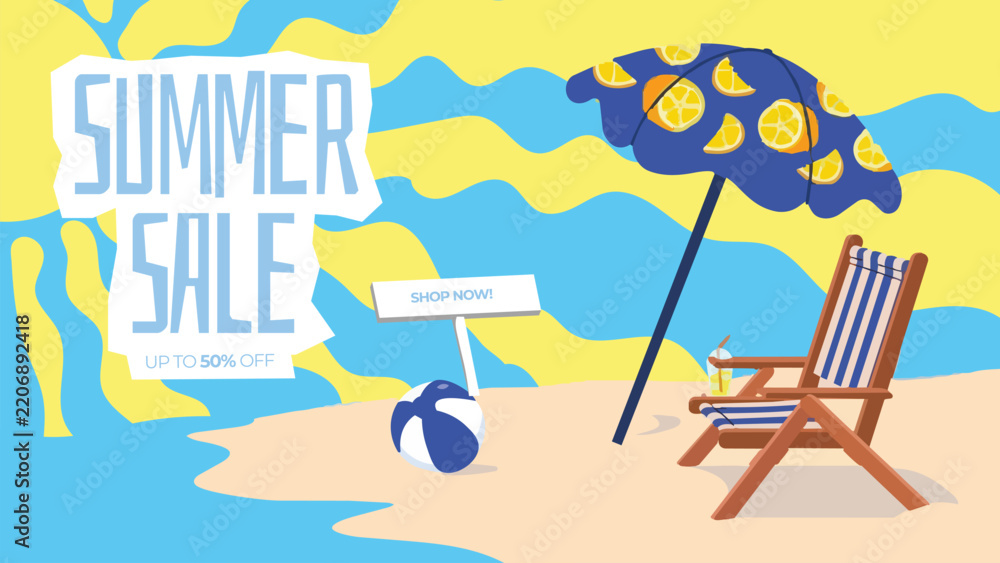 Fototapeta premium Clean Modern Summer Sale Web Banner Backdrop, Smooth Tropical Ocean Waves Discount Vector Template