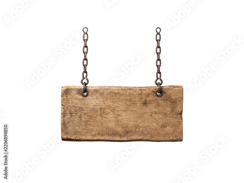Rustic wooden sign hanging from chains on transparent background