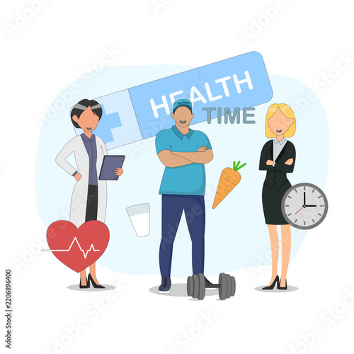 Healthy lifestyle time illustration with three characters and several health icons