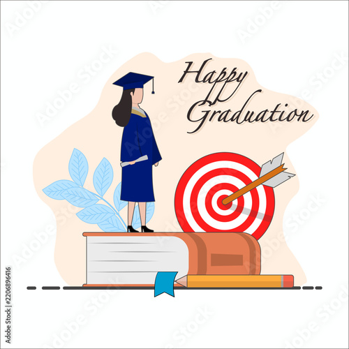 Illustration of a character wearing a graduation gown, with books, pencils, a target, and arrows, accompanied by a ‘Congratulations on Your Graduation’ greeting.