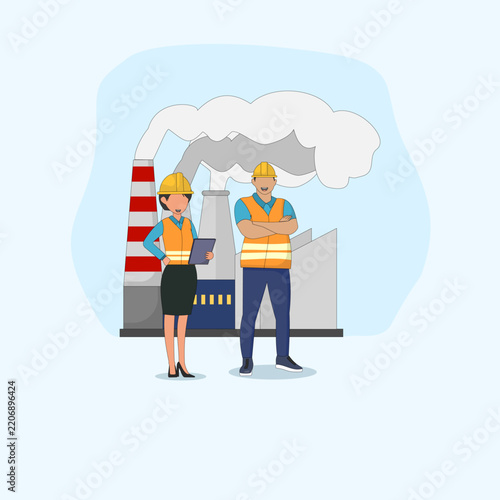 Industrial illustration with a character wearing standard industrial clothing.