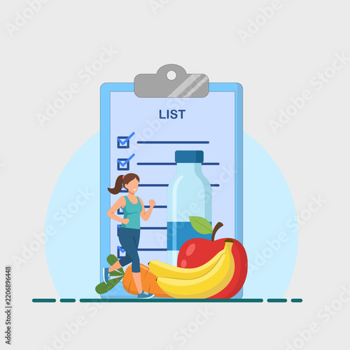 Healthy lifestyle illustration featuring a character running for exercise, with fruit icons and bottled mineral water.