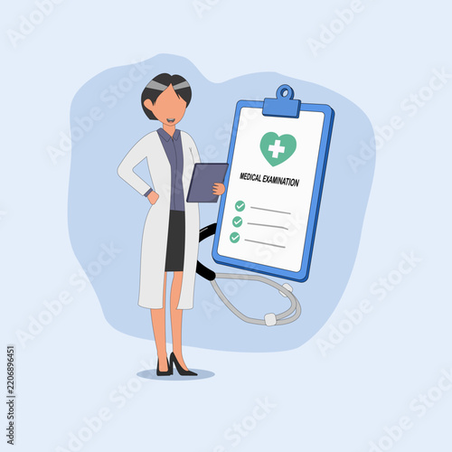 Illustration of a doctor with a diagnostic board displaying disease diagnoses or health checkup results.