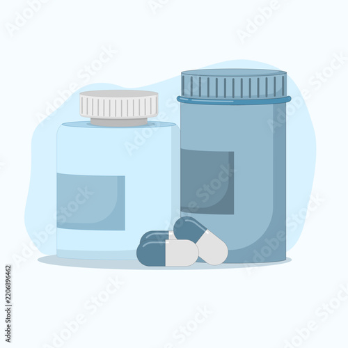 Health illustration with medicine bottle and pill icons.