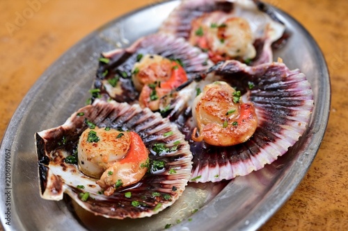 Fotografie Scallops served in their shells in Galicia, Spain