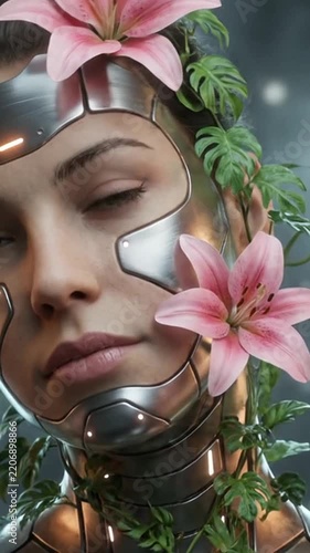 Close up of a futuristic cyborg woman face decorated with pink flowers and green leaves