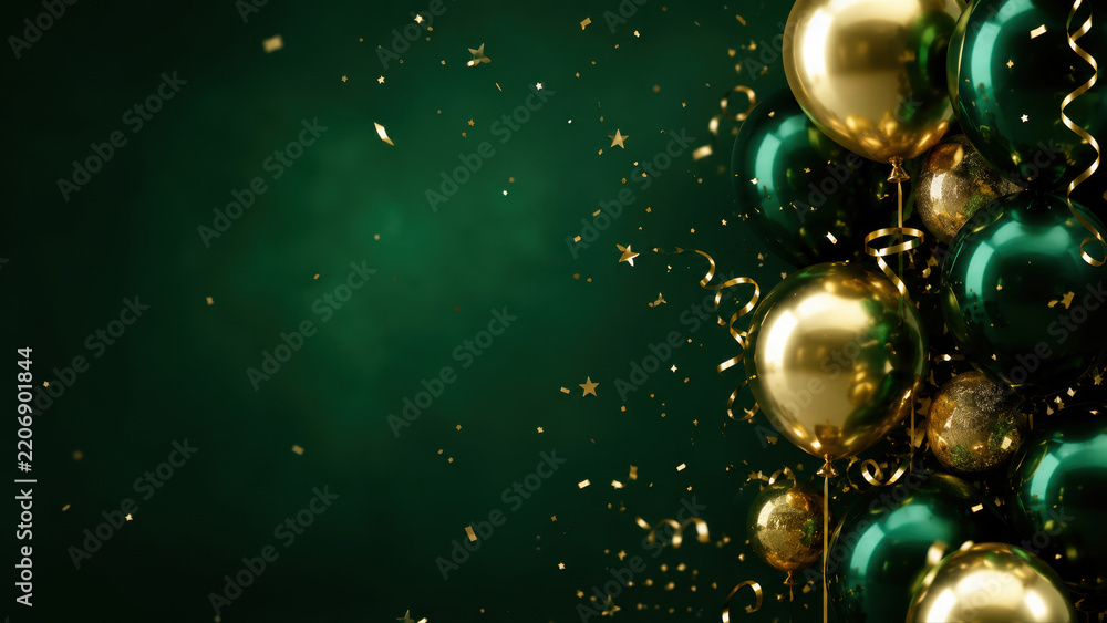 Obraz premium Green and gold balloons with curling ribbons and confetti frame a dark emerald background with copy space for an elegant festive celebration