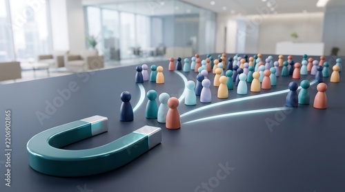 Corporate lead generation concept using a giant magnet pulling colorful human figures representing diverse business prospects into a funnel representing sales growth and conversion strategy