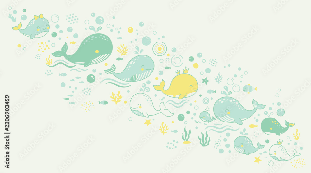Obraz premium Cute Whales and Underwater Elements, Hand Drawn Style, Isolated