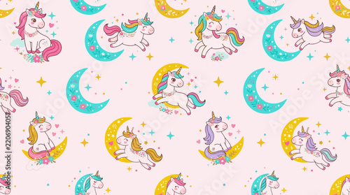 Cute Unicorns and Moons Pattern, Fantasy, Kids, Magic