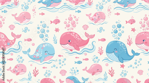 Cute Whale Pattern: Blue and Pink Whales, Ocean Waves, Bubbles