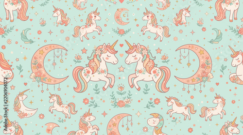 Cute Unicorns and Crescent Moons Pattern - Whimsical Fantasy Illustration