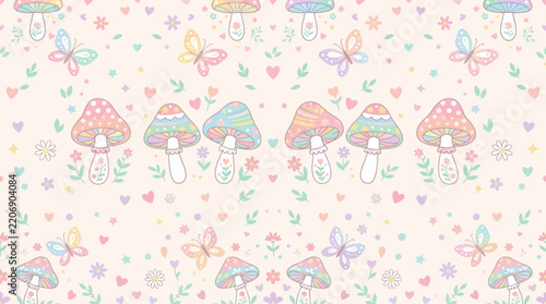 Whimsical Pastel Mushroom and Butterfly Seamless Pattern