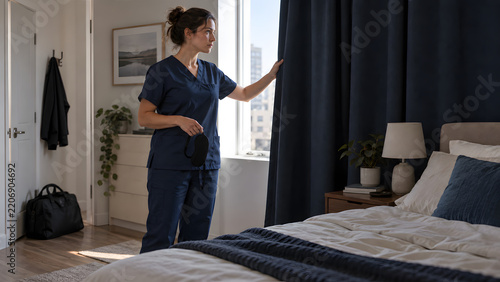 Female healthcare worker closes blackout curtains before daytime sleep after night shift