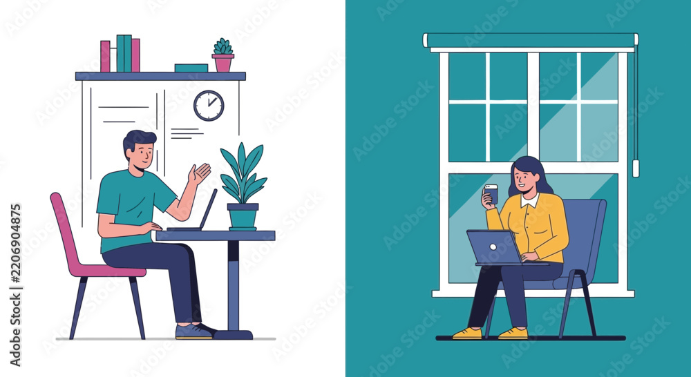 Fototapeta premium Man and Woman Working Remotely with Laptops