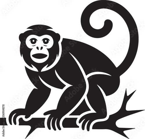 Sticker Create a premium commercial stock-vector illustration of a stylized playful monkey mascot in a bold black-and-white silhouette style, inspired by the uploaded reference image