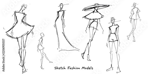 Black and white hand drawn collection of fashion model sketches in various dresses and runway poses