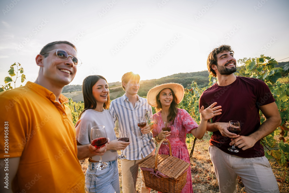 Obraz premium Group of friends looking away and enjoying sunset view in vineyard