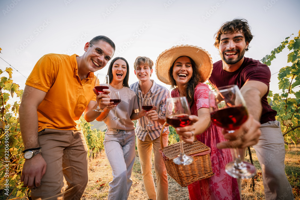 Obraz premium Close up of friends offering toast with wine glasses towards camera in vineyard