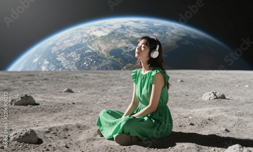 young woman vibrant green dress sits alone lunar surface eyes closed headphones covering ears curved horizon