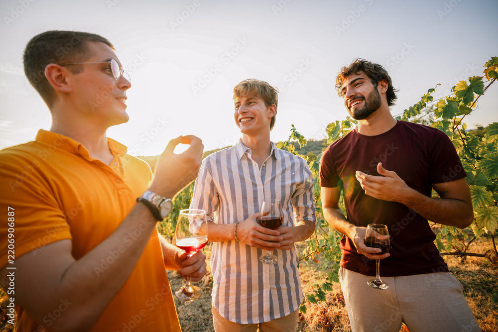 Obraz premium Close-up of young men talking and laughing over wine at vineyard