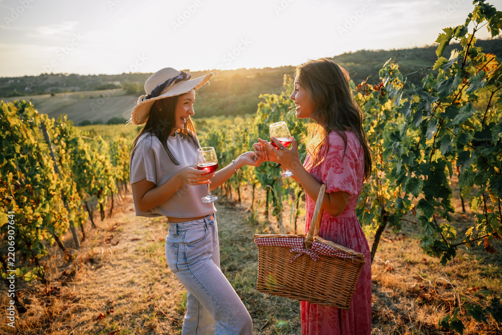 Obraz premium Two cheerful women holding hands and sharing wine in vineyard