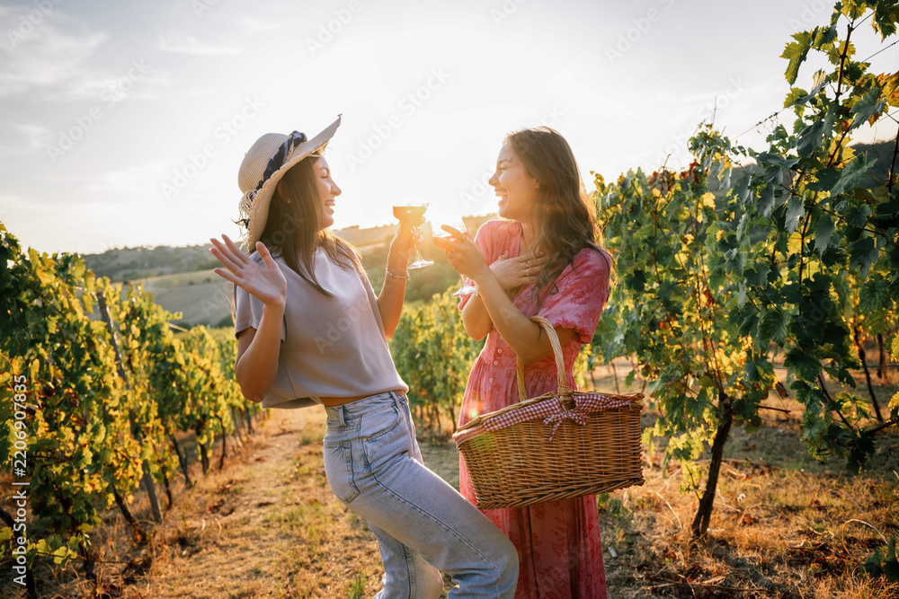 Obraz premium Two playful female friends gesturing and enjoying wine in vineyard