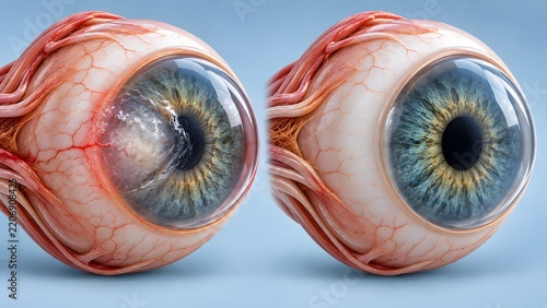 AI generated medical comparison of a healthy human eyeball and an infected eye with corneal disease or pterygium