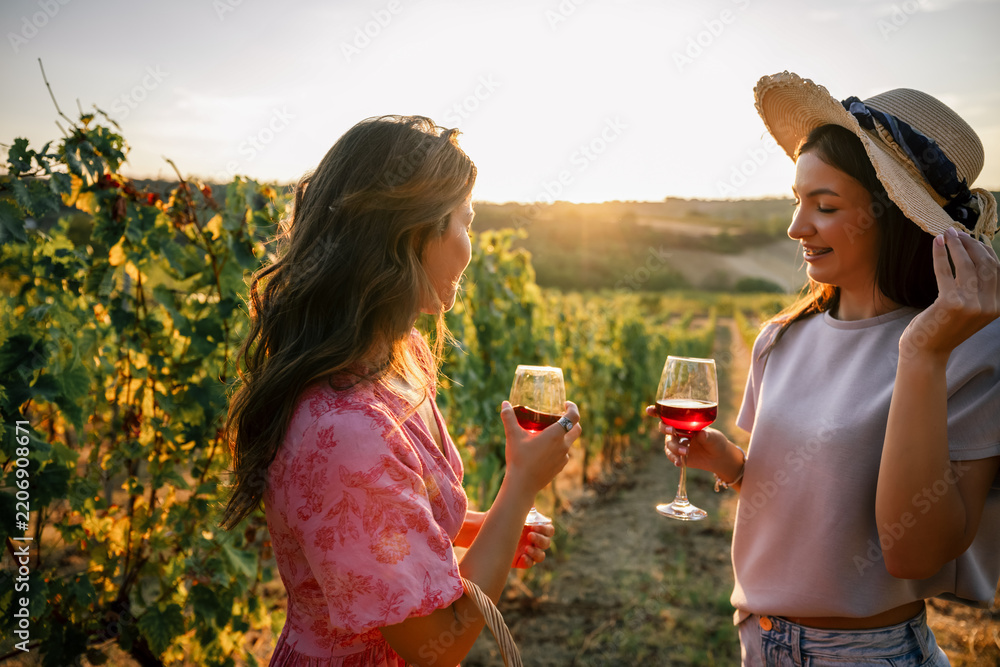Obraz premium Two young women enjoying wine and talking in a lush vineyard row