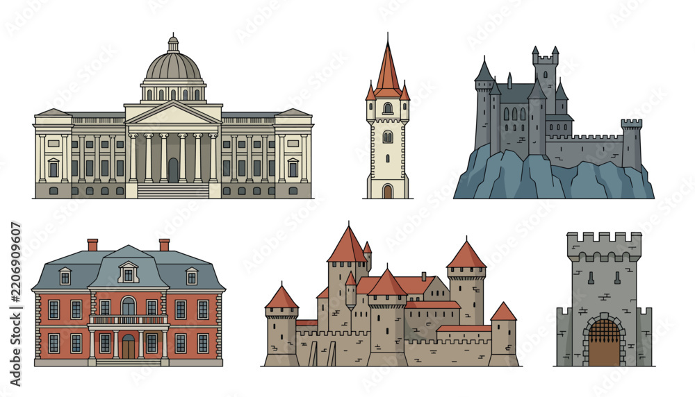 Fototapeta premium Medieval castle and palace architecture vector illustration set. Ancient fortress, stone tower, royal mansion, historical government building, fort gates and kingdom landmark elements.