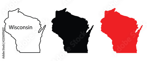 Wisconsin state map outline and silhouette set, isolated vector US state border collection