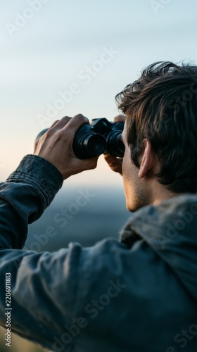 Person using binoculars outdoors at sunset