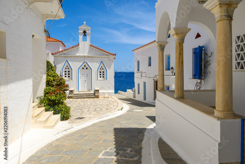 Picturesque, whitewashed buildings of Chora, the capital of the island of Andros in the Cyclades in Greece