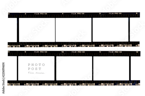 35mm film strip mockup template with white photo frames and photo post text on white background.