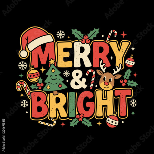 Merry And Bright Retro Christmas Santa Hat Reindeer Ornaments