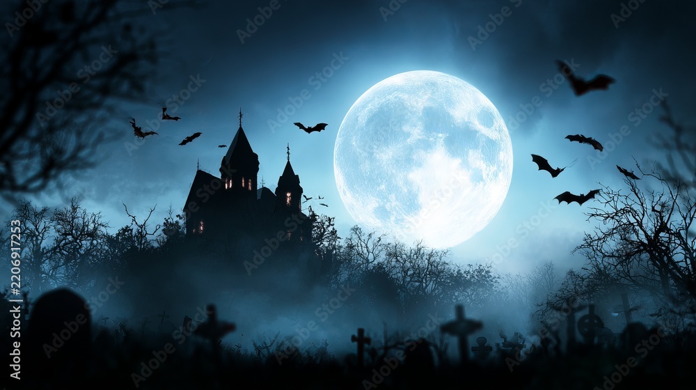 Fototapeta premium Haunted castle at night with full moon and graveyard