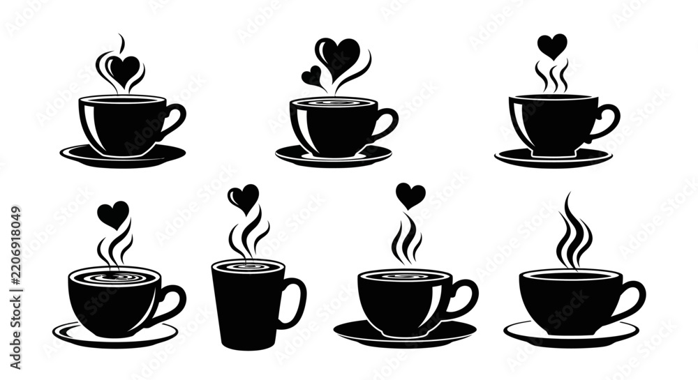Obraz premium Minimalist coffee cup silhouettes with heart shaped aroma steam and liquid ripples for cafe identity and hot beverage advertising materials