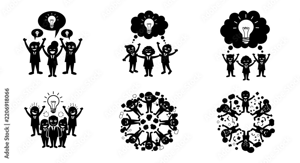 Obraz premium Teamwork and brainstorming concept icons with business people celebrating ideas and collaborating together