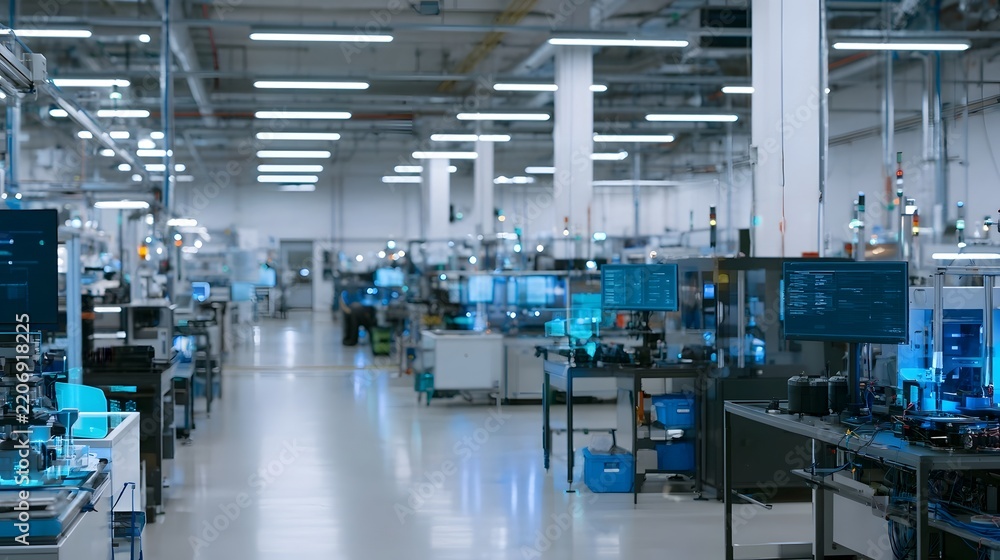 Obraz premium Modern factory interior with rows of workstations glowing monitors and industrial equipment under bright lighting