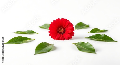 Vibrant Red Gerbera Flower with Leaves.