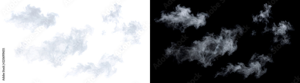 Obraz premium Scattered smoke patches floating separately with light wispy fragmented texture shown in PNG, Transparent and Black Background Versions for design