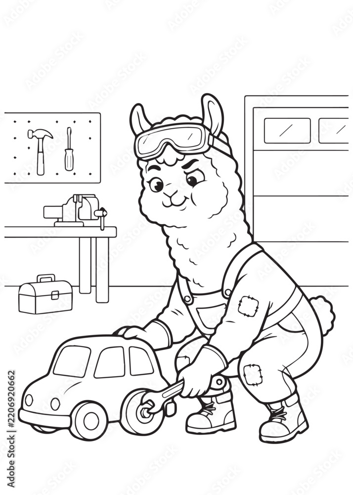 Obraz premium coloring page book cute alpaca mechanic repairing a toy car in a workshop, focused animal engineer with tools and automotive repair scene