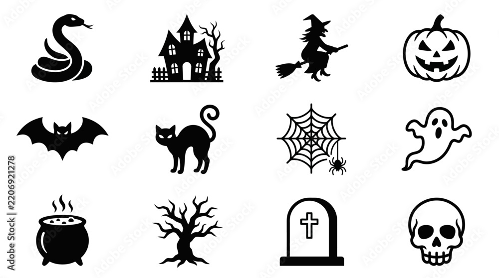 Fototapeta premium Dynamic Halloween Themed Black and White Icons Set Featuring Spooky Symbols Witches and Classic Emblems