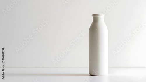 Minimalist water bottle with a single water droplet on its surface  set against a clean white background