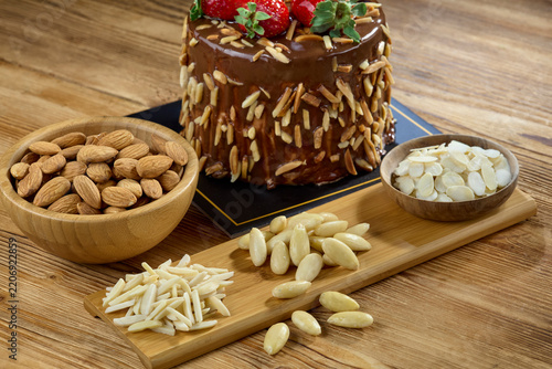 Gourmet Chocolate Strawberry Cake with Varied Almond Ingredients