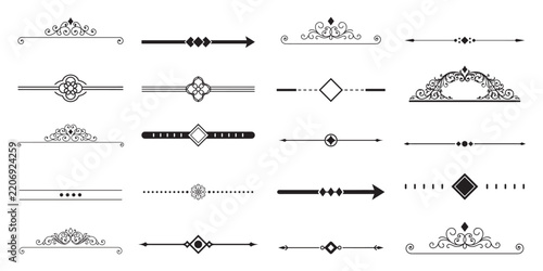 Black Ornamental Text Divider Set with Flourish Lines and Rhombus Vector Design Elements