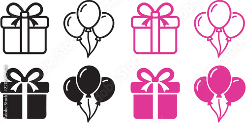Gift box and balloons vector set line elements