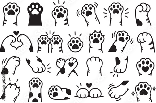 Cute cat paws and claws vector set line elements