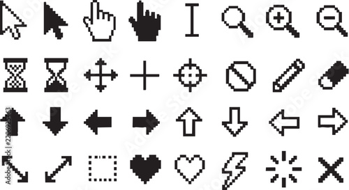 Retro pixel cursors and UI icons vector set elements